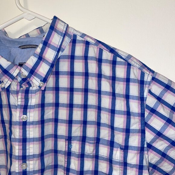 Izod Mens Plaid Short Sleeve Button-Down Shirt XXL Blue White Pink Cotton - Picture 2 of 7